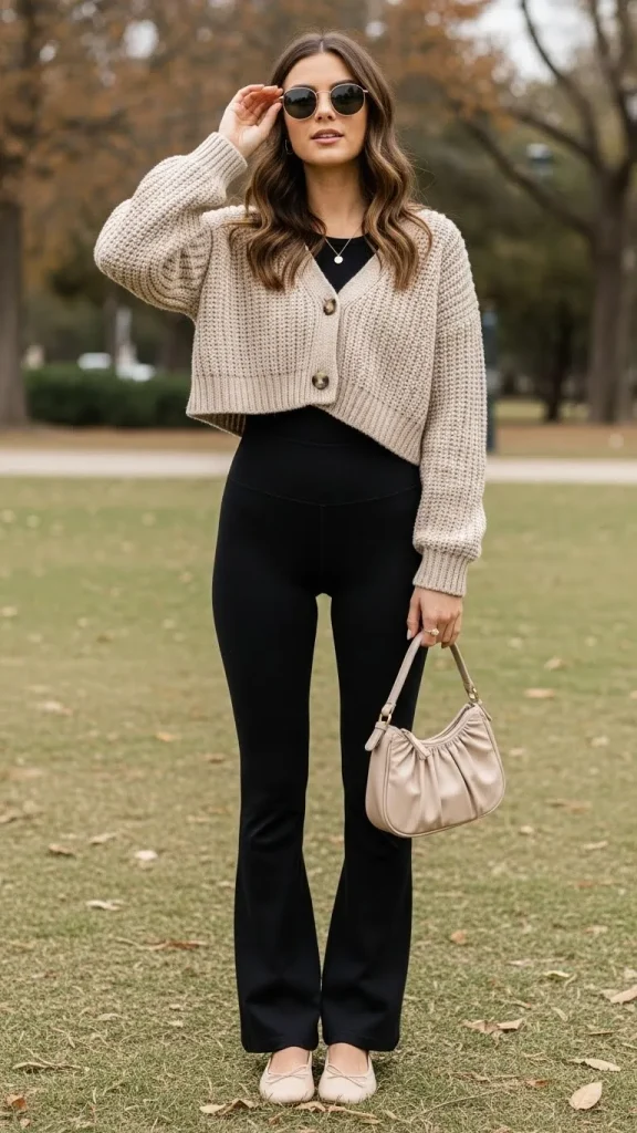 Black Flared Leggings with Cropped Cardigan 1