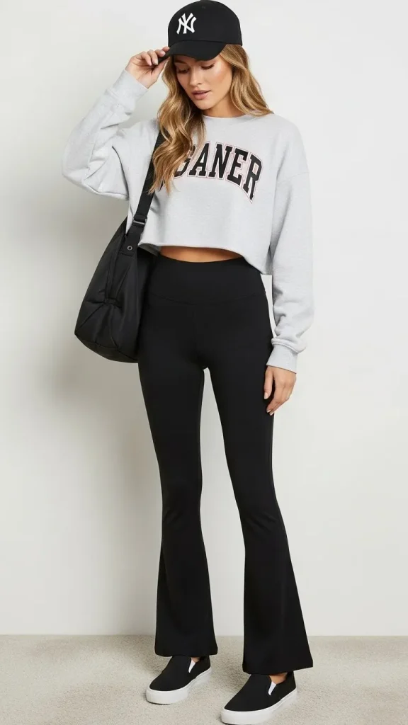 Black Flared Leggings with Cropped Sweatshirt 1