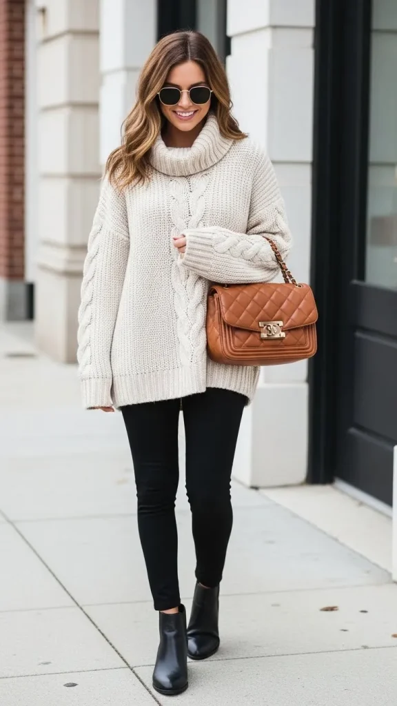 Black Leggings with Oversized Knit Sweater 1