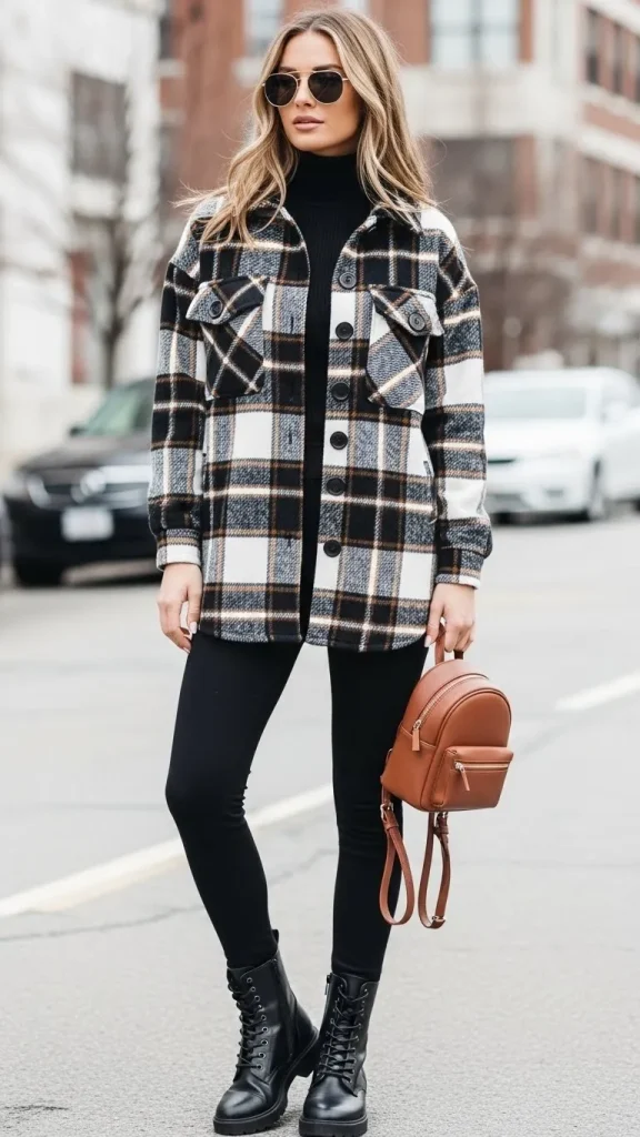 Black Leggings with Plaid Shacket 1