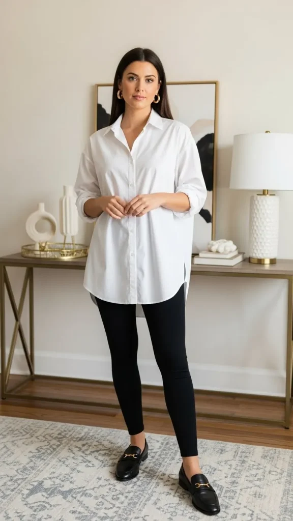 Black Leggings with White Button Up Shirt 1