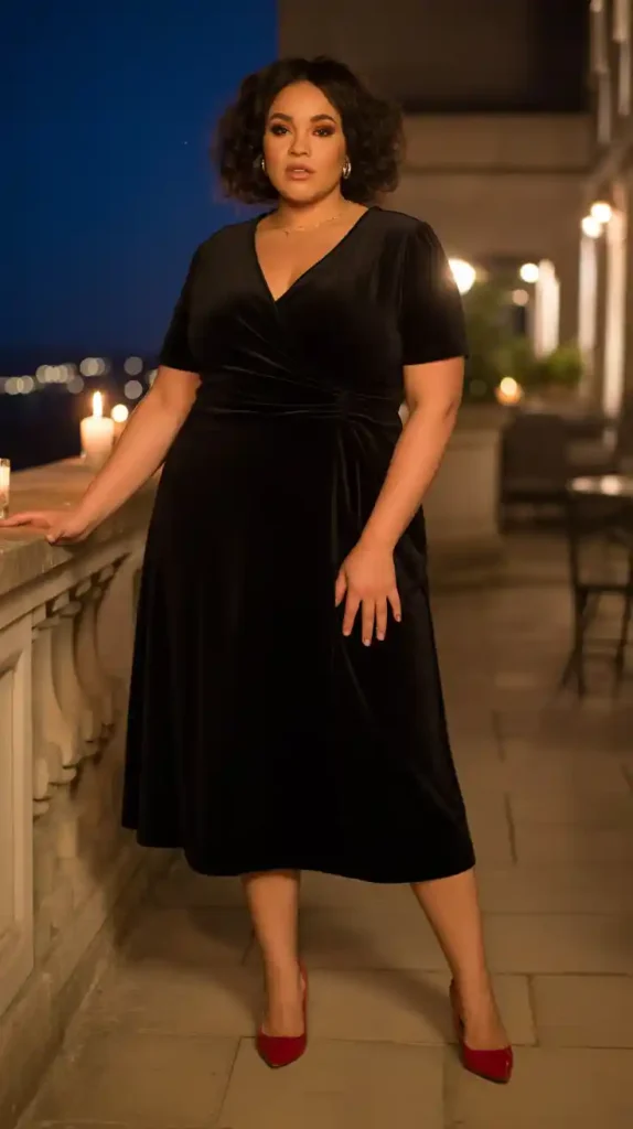 Black Velvet Dress with Red Pumps
