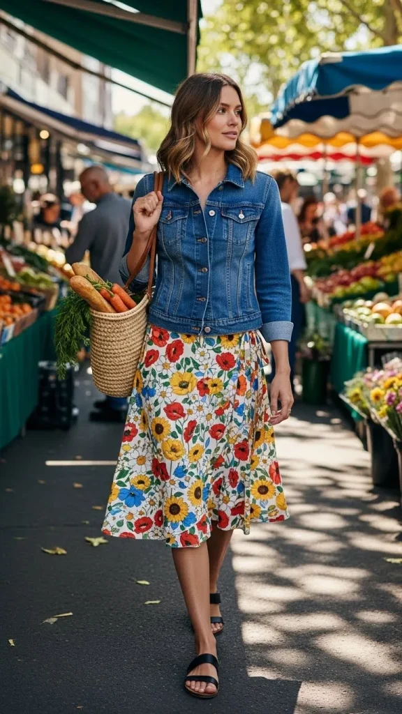 Blue Denim Jacket with Floral Wrap Skirt