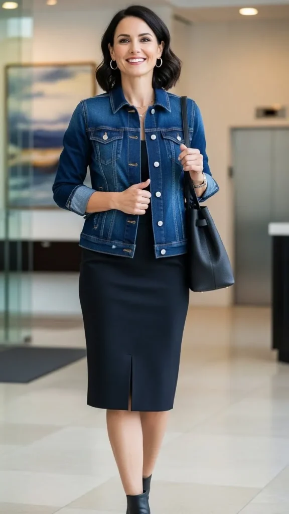Blue Denim Jacket with Pencil Skirt