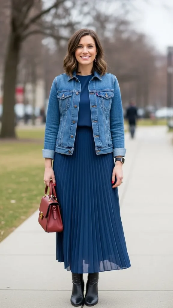 Blue Denim Jacket with Pleated Midi Skirt