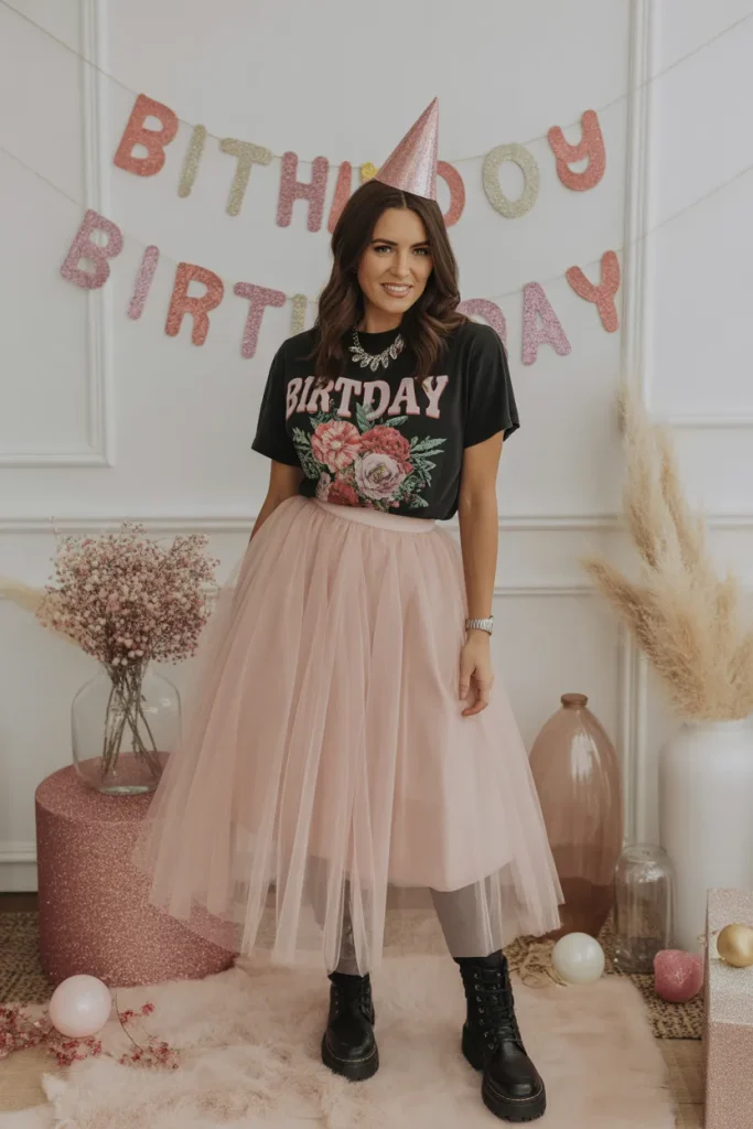 Blush Pink Tulle Skirt and Graphic Tee Edgy Meets Girly Spring Birthday Party Outfit