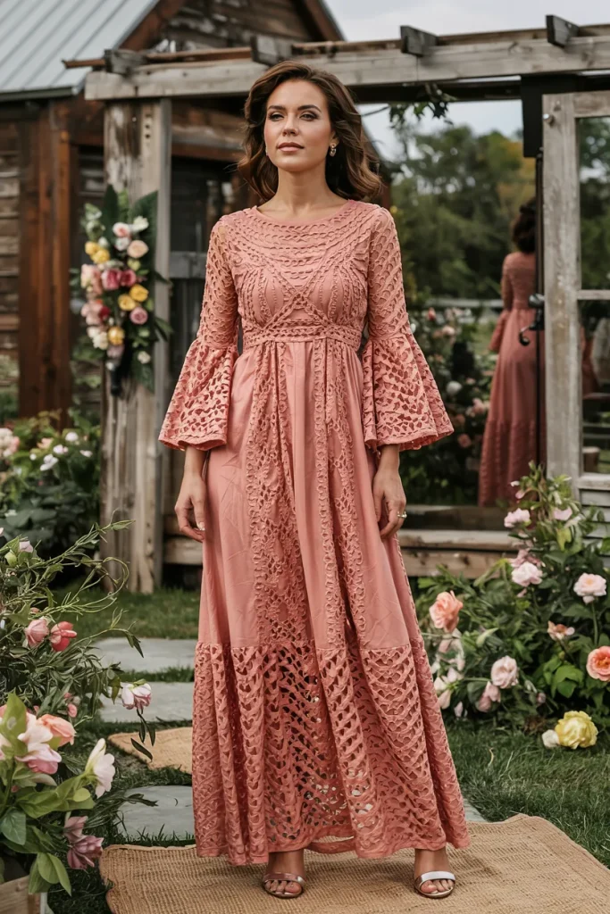 Bohemian Coral Crochet Lace Maxi Mother of the Bride Dress with Bell Sleeves