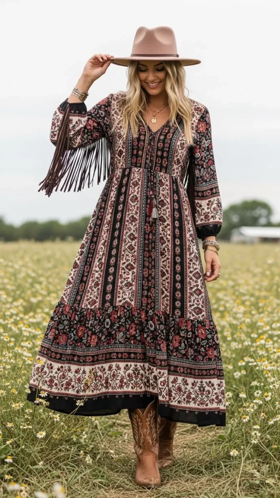 Bohemian Maxi Dress with Cowboy Boots