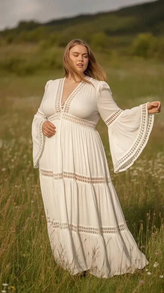 Boho Bell Sleeve Tiered Skirt with Ladder Lace Wedding Dress