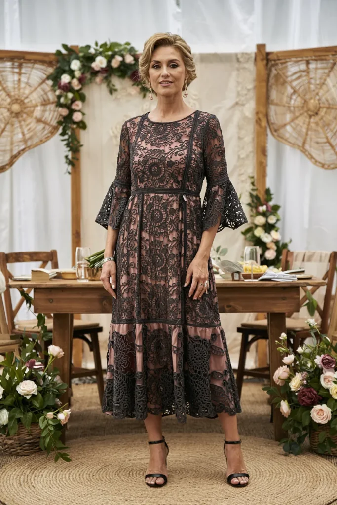 Boho Chic Black Coral Crochet Lace Midi Mother of the Bride Dress with Bell Sleeves 1