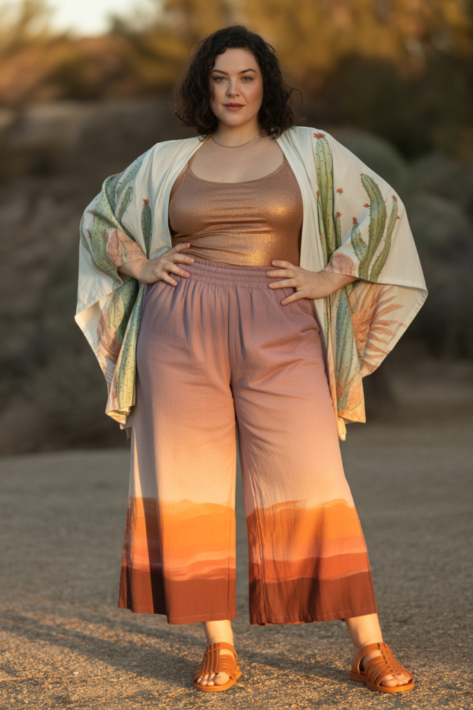 Boho Desert Sunset Ombre Wide leg Cropped Pants In Kimono style Wrap Top