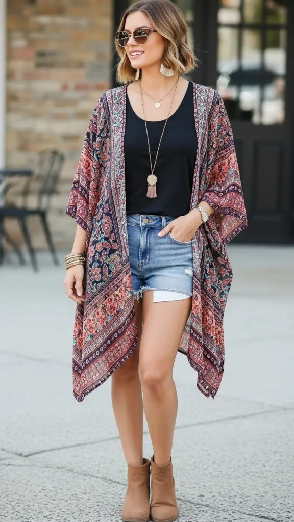 Boho Printed Kimono With Denim Cutoffs