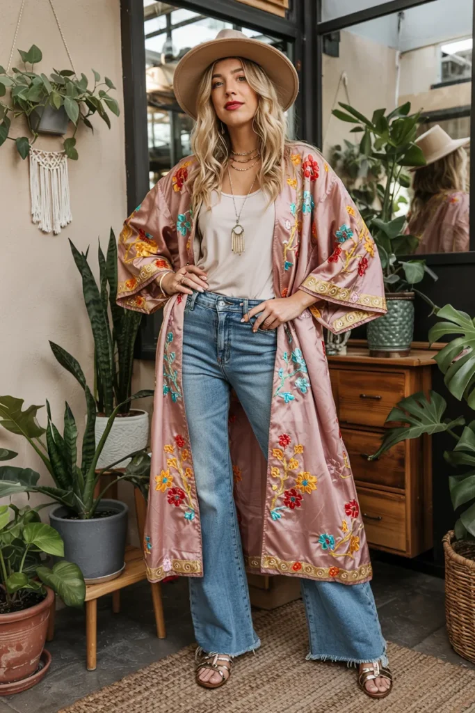 Boho Village Chick Embroidered Kimono and Flare Jeans Spring Outfit