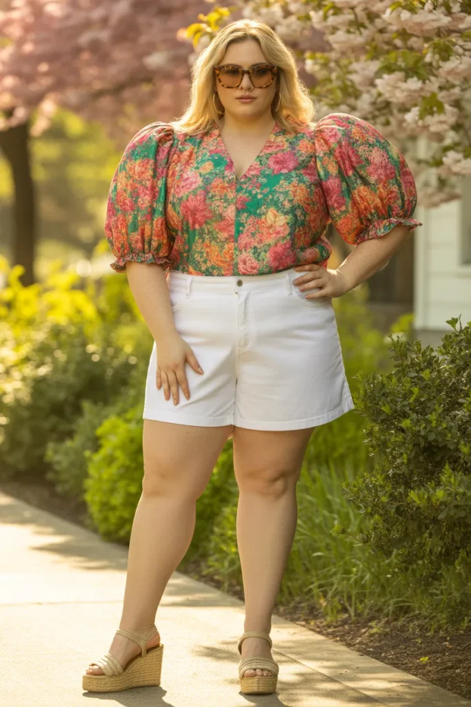 Bold Floral Puff Sleeve Blouse White Denim Shorts Spring Outfit
