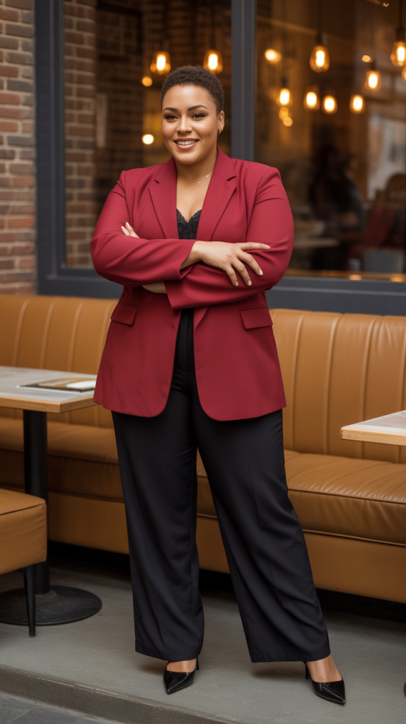 Bold Red Blazer with Black Wide Leg Pants