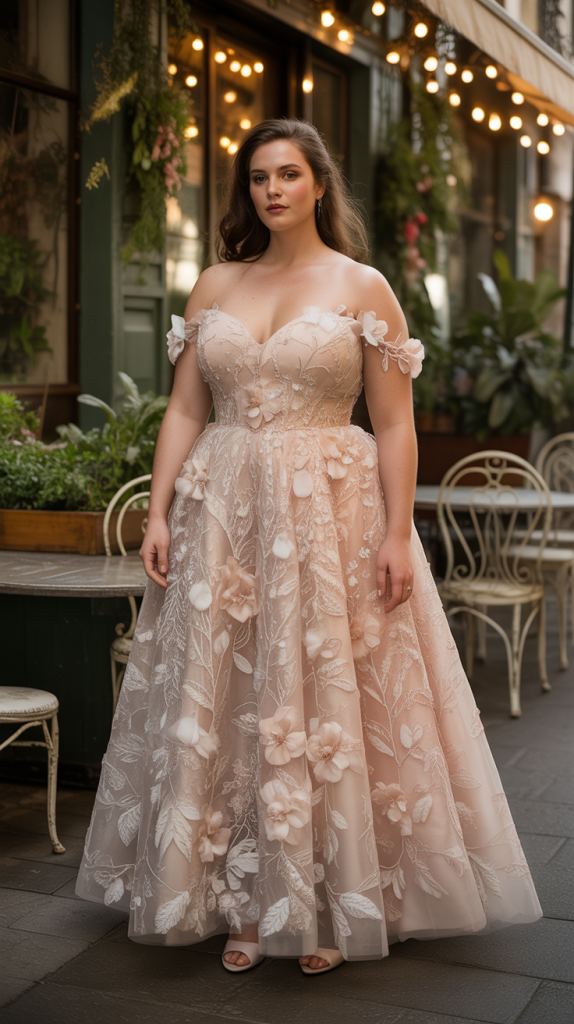 Botanical 3D Applique Off Shoulder Wedding Dress