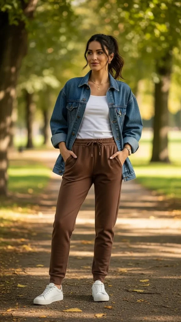 Brown Joggers and Loose Fit Denim Jacket