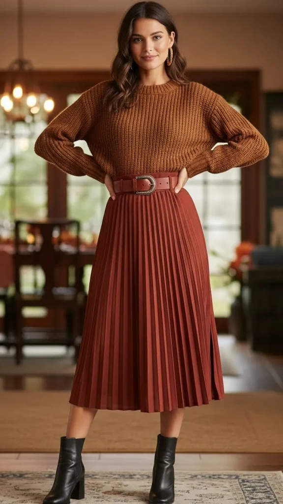 Brown Sweater with Pleated Skirt