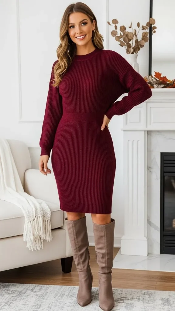 Burgundy Sweater Dress with Knee High Boots