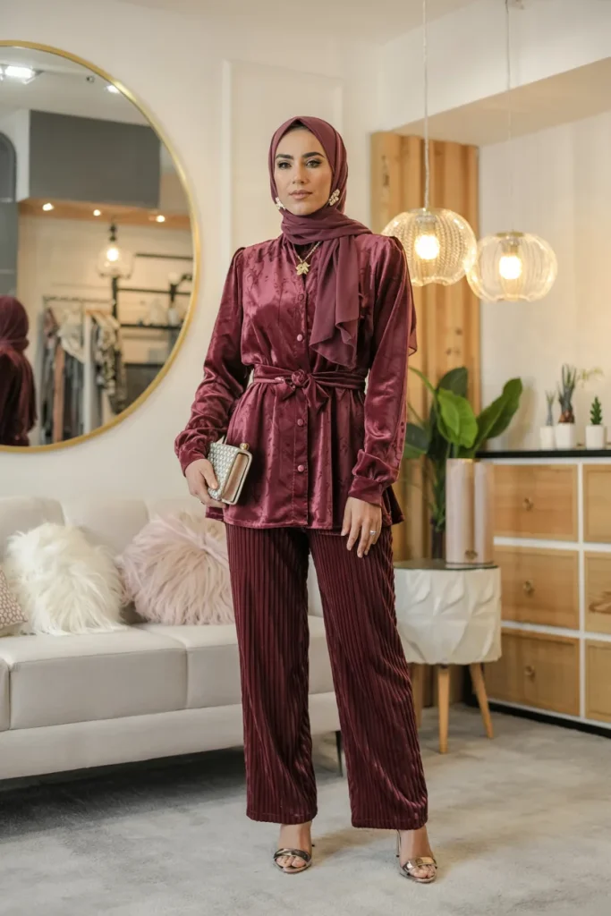 Burgundy Velvet Chic Spring Hijab Outfit