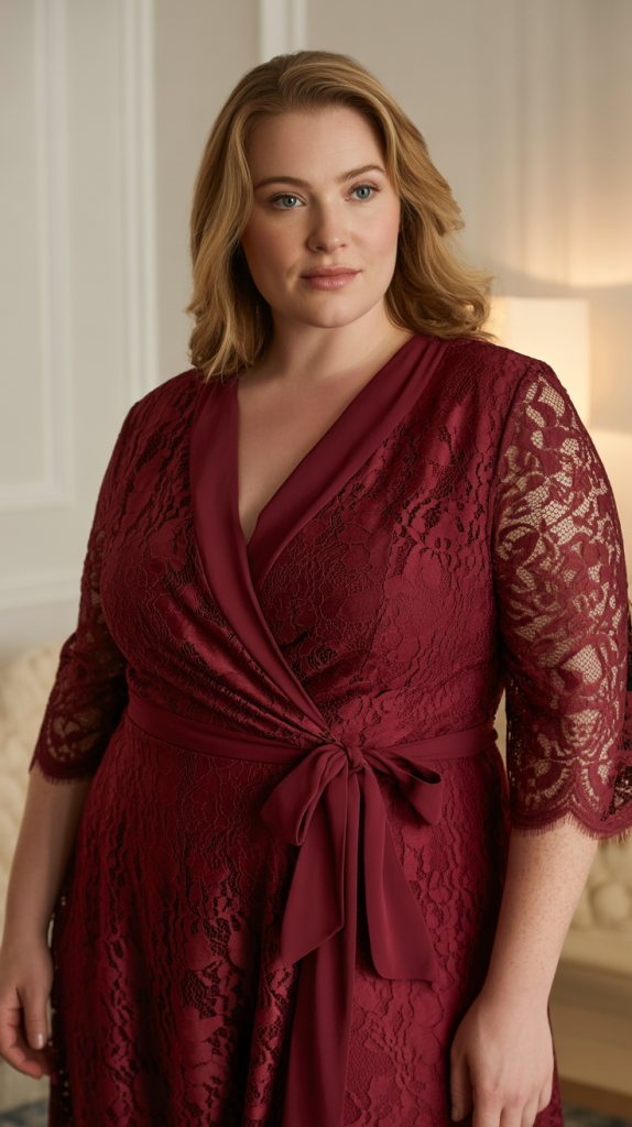 Burgundy Wrap Lace Dress with Tie Waist