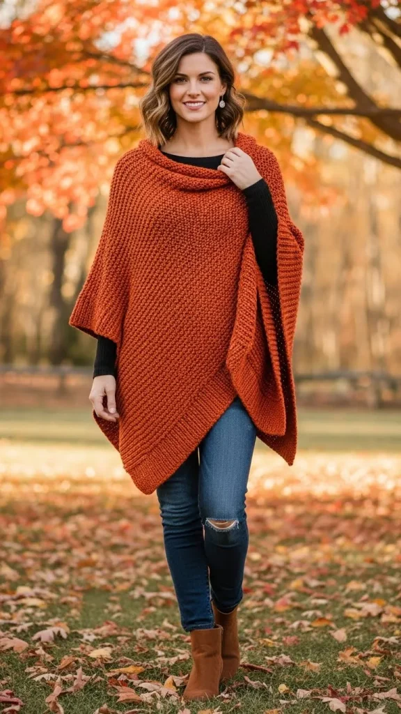 Burnt Orange Knit Poncho with Skinny Jeans