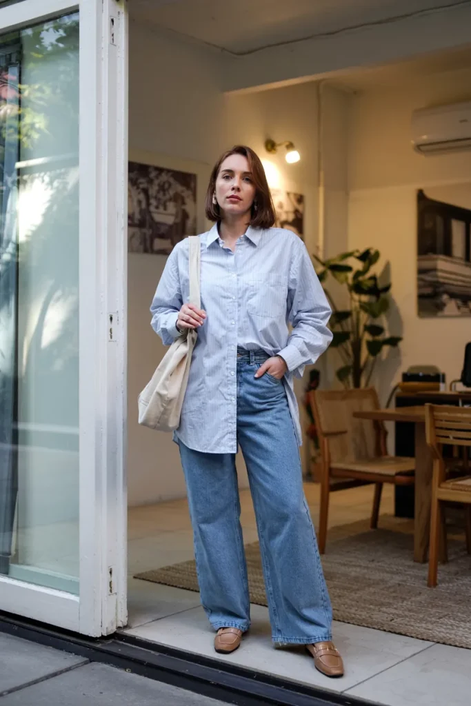 Button Down Shirt Paired with Wide Leg Jeans