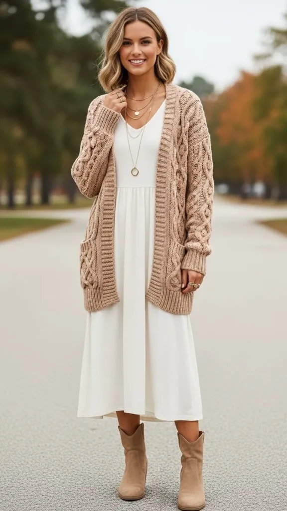 Cable Knit Cardigan with Midi Dress