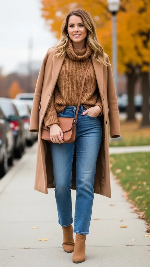 Camel Coat with Straight Leg Jeans