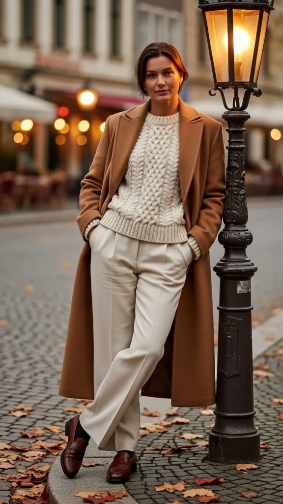 Camel Coat with Wide Leg Trousers