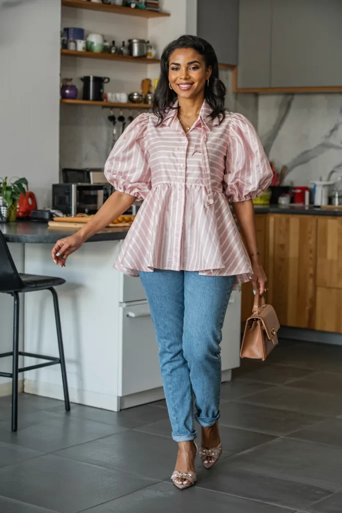 Candy Striped Blouse with Peplum and Jeans