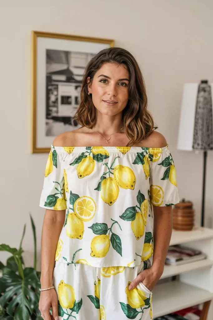 Casual Capri Lemon Print Off The Shoulder Top