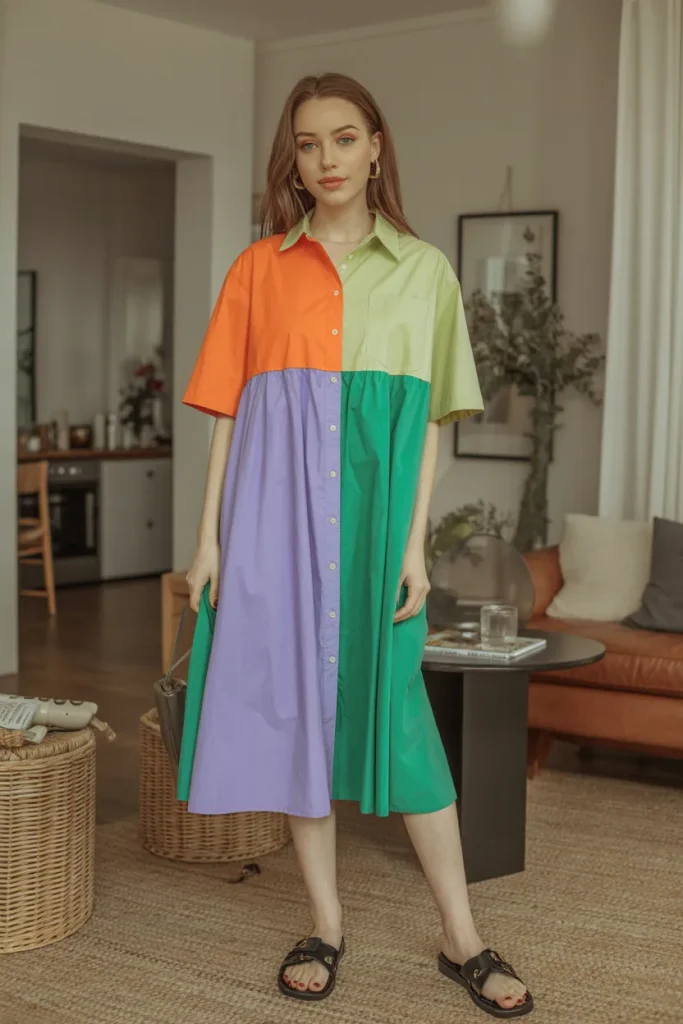 Casual Color Block Button Front Shirt Spring Dress