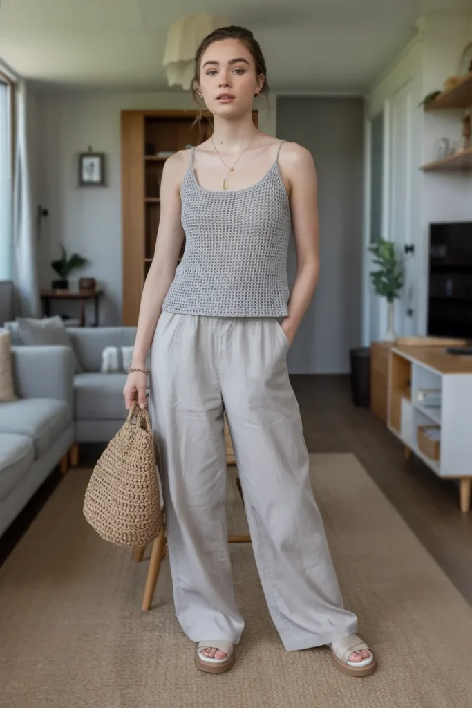 Casual Crochet Tank and Linen Pants Spring Outfit