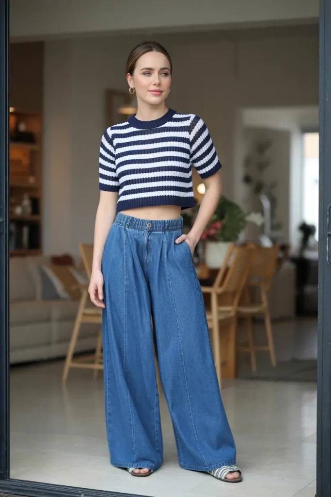Casual Cropped Striped Knit Wide Leg Denim Spring Outfit