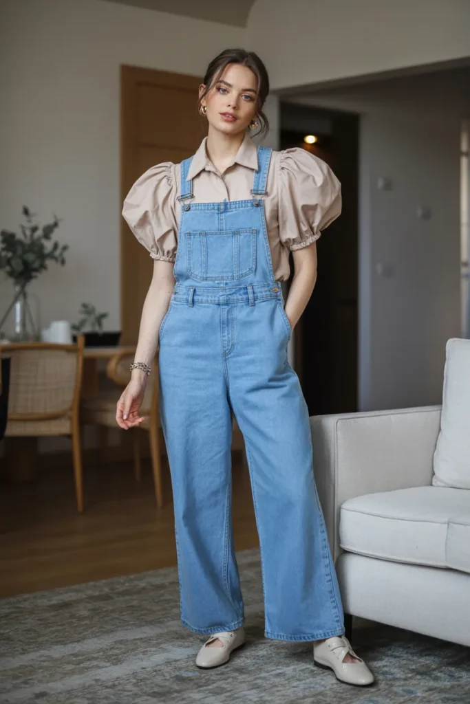 Casual Denim Overalls Puff Sleeve Blouse Spring Outfit