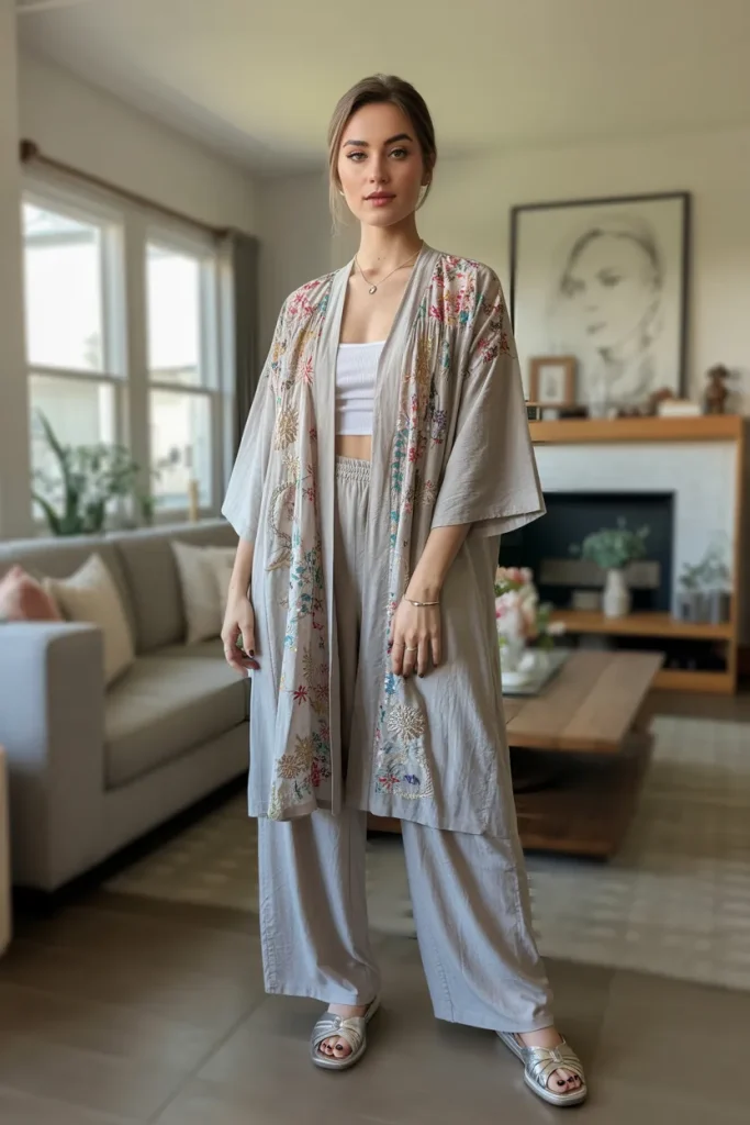 Casual Embroidered Kimono Palazzo Pants Spring Outfit