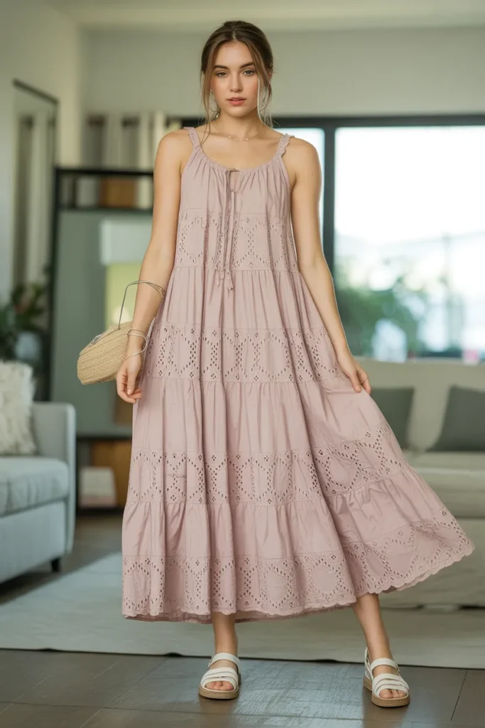 Casual Eyelet Lace Tiered Maxi Spring Dress