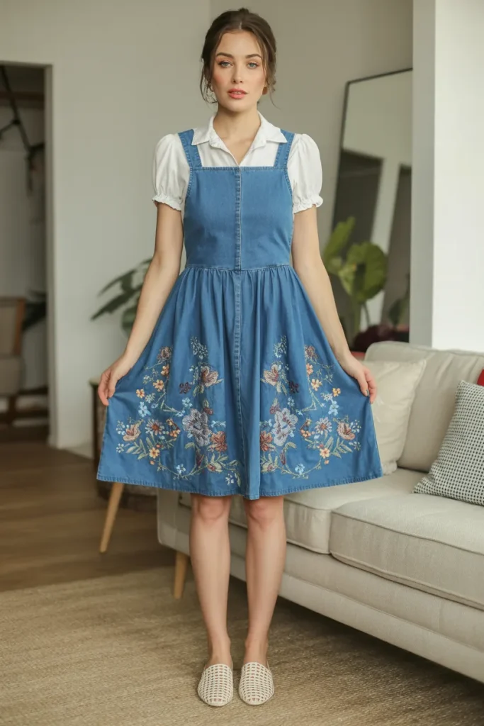 Casual Floral Embroidered Denim Pinafore Spring Dress
