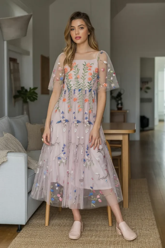Casual Floral Embroidered Tulle Midi Spring Dress