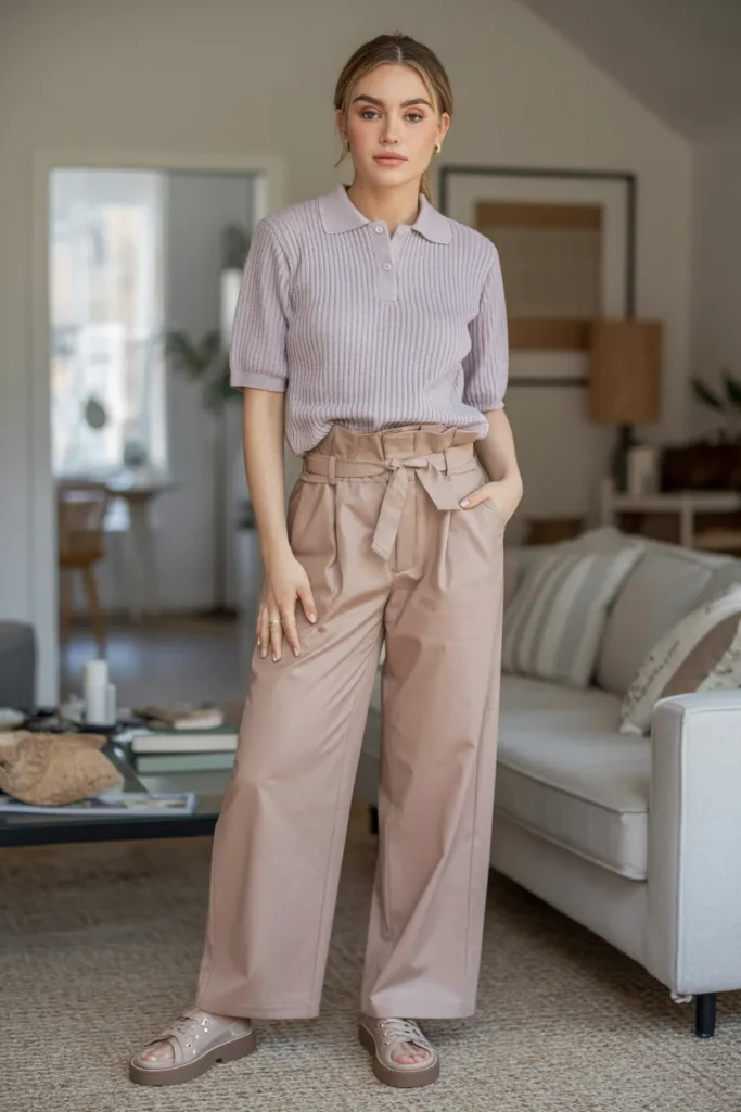 Casual Knit Polo Top Paperbag Waist Trousers Spring Outfit
