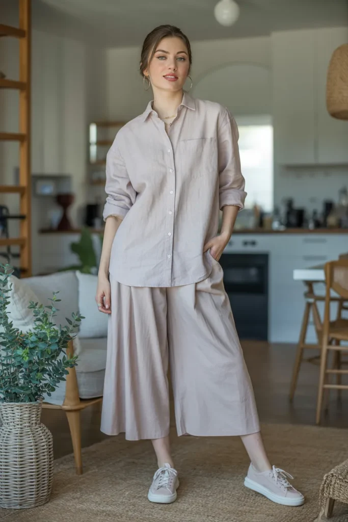 Casual Linen Shirt and Culottes Spring Outfit