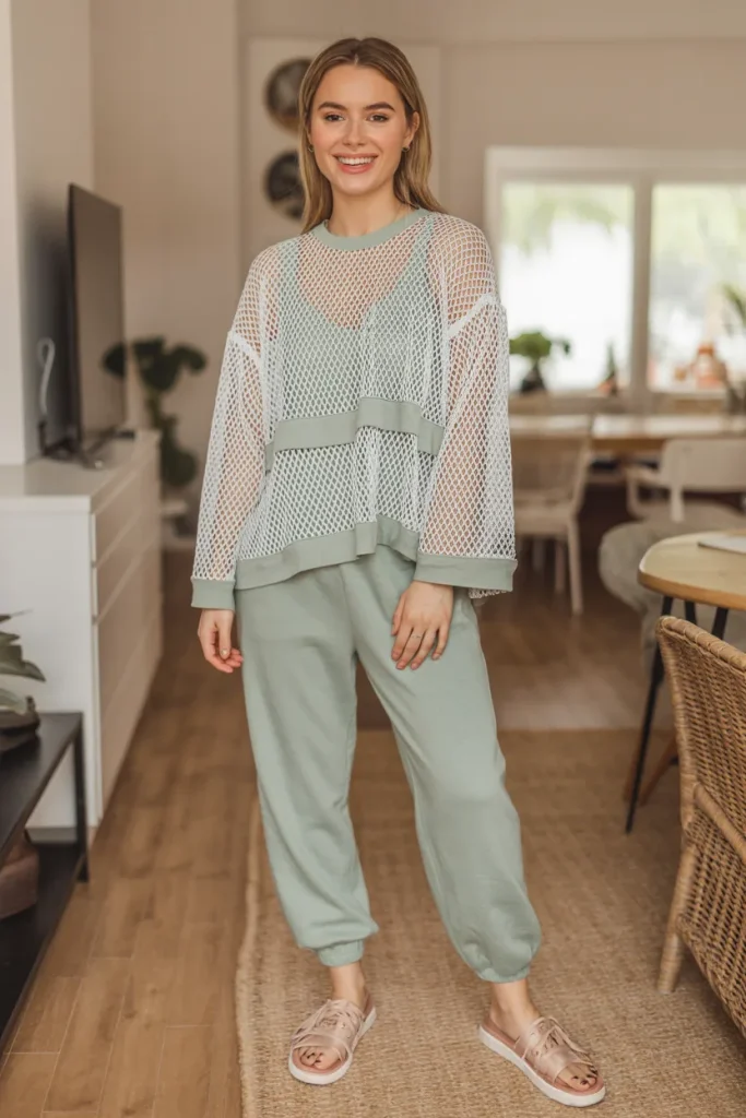 Casual Mesh Layered Top Jogger Pants Spring Outfit