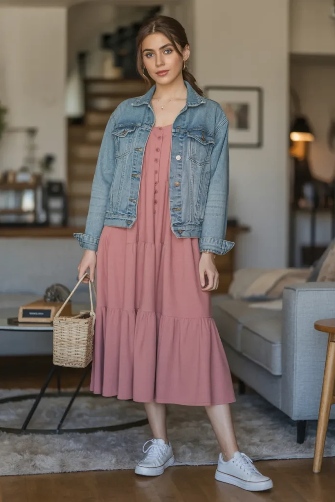 Casual Midi Dress with a Denim Jacket