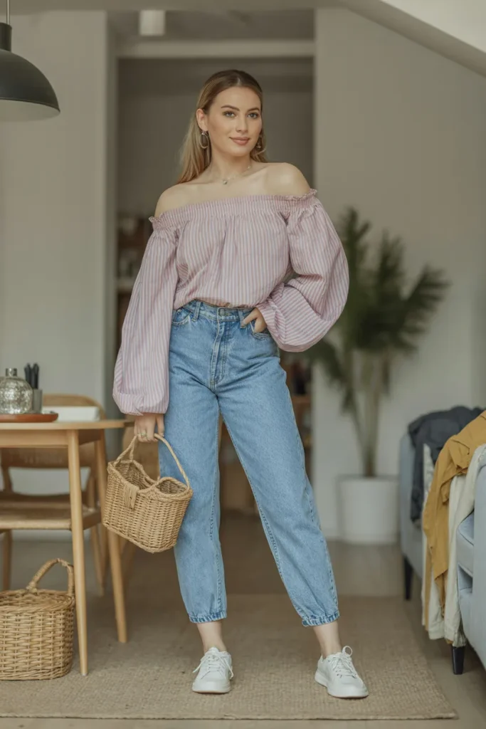 Casual Off Shoulder Blouse and Mom Jeans Spring Outfit