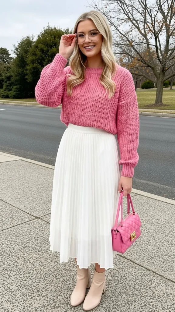 Casual Pink Sweater with White Skirt