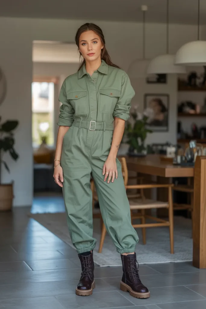 Casual Sage Green Utility Jumpsuit Slouchy Boots Spring Outfit