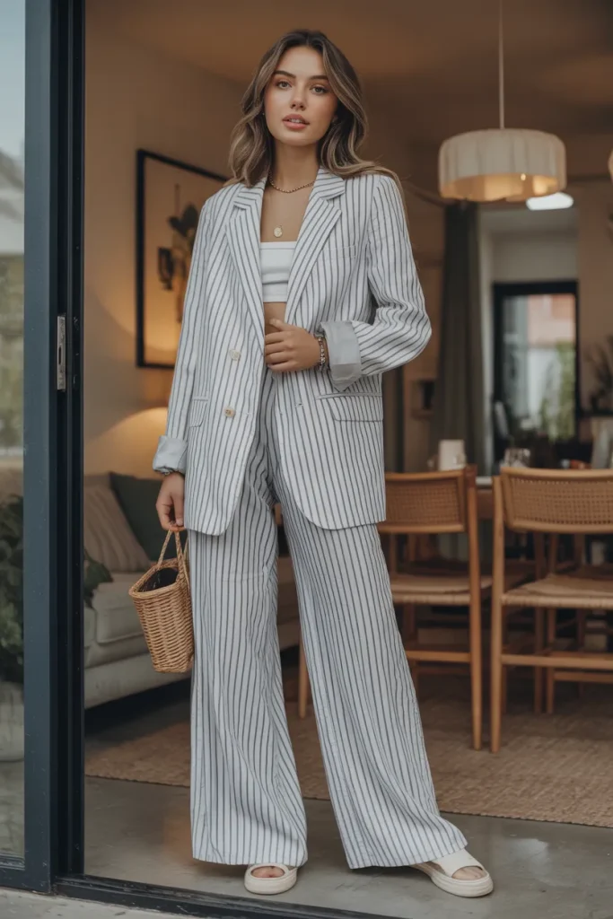 Casual Striped Blazer and Wide Leg Pants Spring Outfit