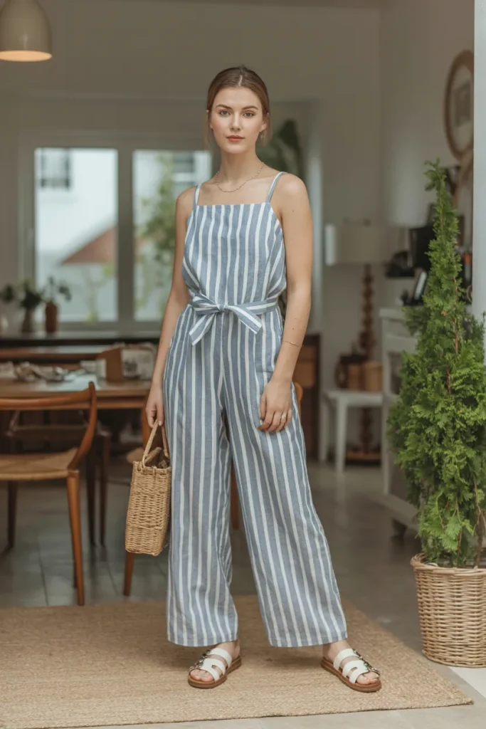 Casual Striped Linen Jumpsuit Spring Dress