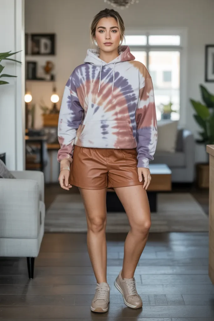 Casual Tie Dye Hoodie Leather Shorts Spring Outfit